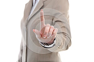 Hand in suit touching something with fingers