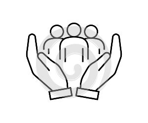 Hand support community people, line icon. Care, protection, help group people. Solidarity, volunteer support. Vector