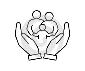 Hand support family community, kinship line icon. Care, protection, help parents and children in family. Generational