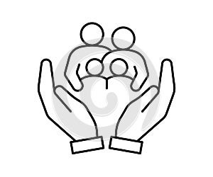 Hand support family community, kinship line icon. Care, protection, help parents and children in family. Generational