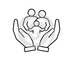 Hand support family community, kinship line icon. Care, protection, help parents and children in family. Generational photo