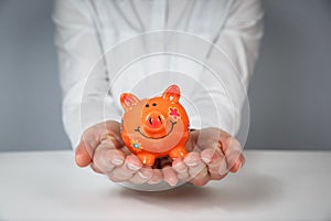 Hand support Piggy Bank, saving money concept