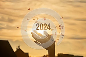 Hand supports the New Year 2024 photo