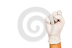 Hand in surgical latex glove gesture number Ten
