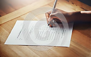 Hand, survey and pen writing on checklist for legal contract, loan application data or insurance agreement. Person