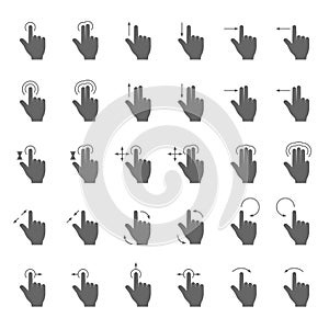 Hand swipe and drag gesture vector icons with touching action arrows for touch screen device