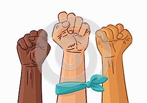 Hand Symbol of Feminism Movement. Woman Hands with their fist raised up. Girl Power Sign on White Background. Stock Vector