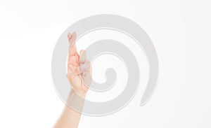Hand symbol. Finger crossed hand sign, good luck symbol isolated on white. Copy space. Template. Blank.