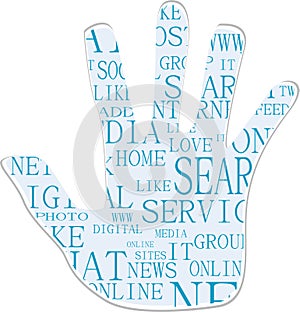 Hand symbol, keywords on social media themes