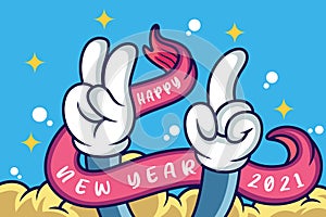 Hand symbol of new 2021 year logo text design. Holiday vector illustration. Isolated on blue background