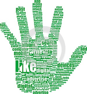 Hand symbol, text keywords on social media themes