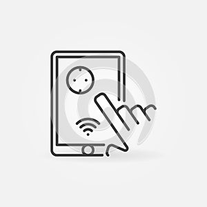 Hand with tablet and smart socket vector concept outline icon