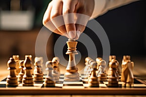 Hand take chess pieces on chessboard. Generative AI