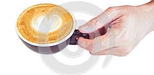 Cup of coffee latte with heart shape foam milk isolated white background.