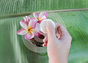 Hand take mini soap with flowers frangipani on green banana lea