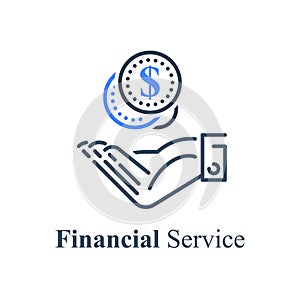 Hand taking coins, give money, donation concept, debt refinance, loan payment, budget expenses