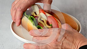 Hand taking a hot dog off a plate