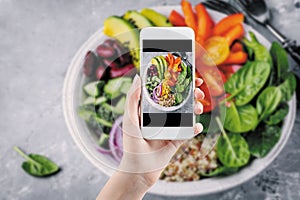 Hand taking a photo of Healthy food with smartphone. Woman using phone mobile apps make digital picture on screen of diet