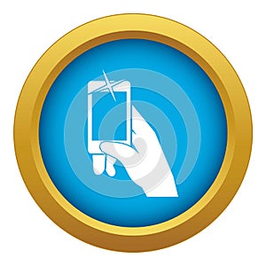 Hand taking pictures on cell phone icon blue vector isolated