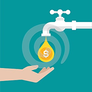 Hand with tap or faucet with golden dollar coins. Money resource, passive income concept