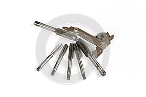Hand tap threading tool with thread gauge.
