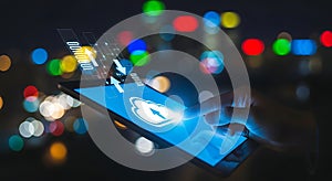 Hand Tapping Tablet with Cloud Computing Data Transfer Icons for Global Network Connectivity