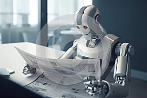 hand technology digital laptop paper robot ai artificial office document. Generative AI.