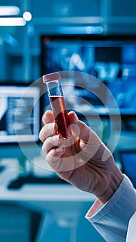 Hand with test tube of red liquid in lab setting, blurred background.