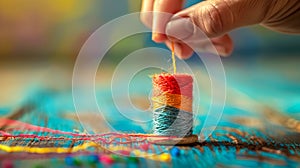 Hand threading needle on vibrant spool background
