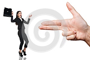 Hand threaten with gun gesture young woman