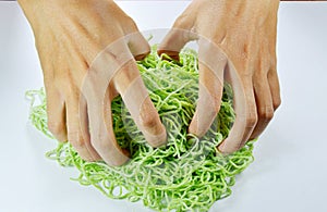 Hand thresh raw Chinese jade noodle prepare to cook
