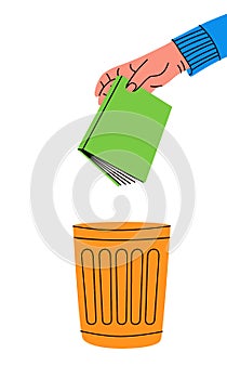 Hand throwing book in recycle bin. Garbage utilisation. Bookcrossing, books recycle illustration