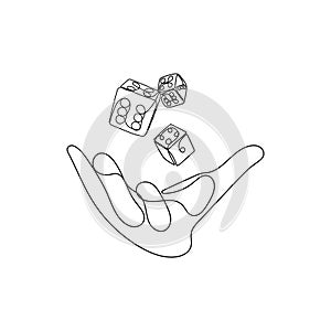 Hand throwing dice. Gambler concept. One line art