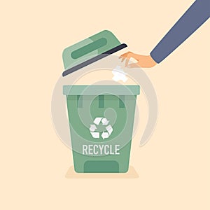 Hand throwing used paper into the trash. Recycling Vector Concept.