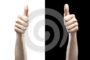 hand with thumb finger up isolated on black and white background b