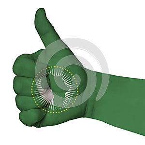 Hand with thumb up, African Union flag painted as a symbol of excellence, achievement, good