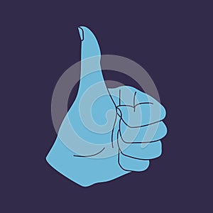 Hand with thumb up isolated on a blue background. Approve and like symbol