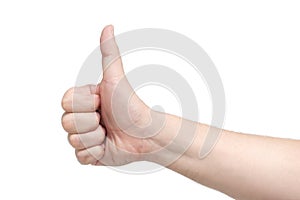 Hand with thumb up. Isolated white background