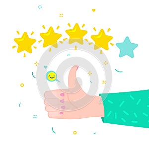 Hand with thumbs down and thumbs up to rating stars. Flat design