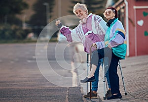 Hand, thumbs up and senior women with disability in a road for travel, fun and waiting for taxi in a city. Elderly