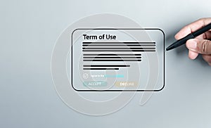 Hand tick agree and accept of Terms of use, reading terms and conditions of website or service before clicking button agree. Terms