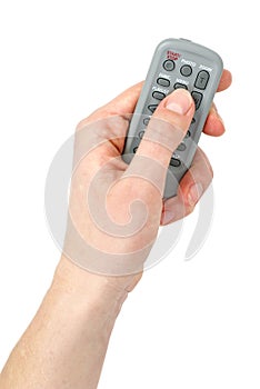 Hand with Tiny infra-red remote control unit