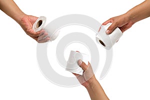 Hand with tissue paper on white background