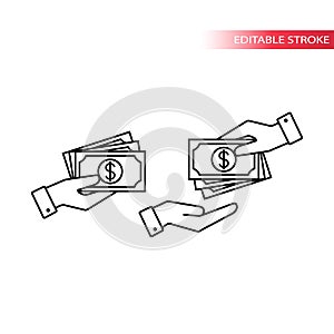 Hand to hand payment with dollar banknotes thin line vector icon set