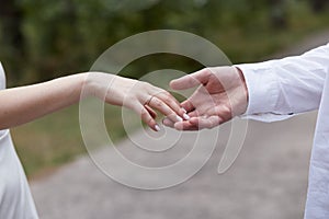 Hand to hand by wedding couple. Elegant wedding. Wedding day. Love story photography. Delicate touch by bride and groom