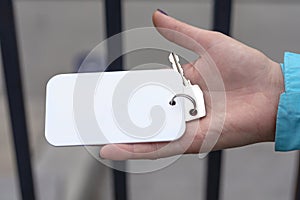 hand with token. Blank In Hand. key with form. Plastic card display front.