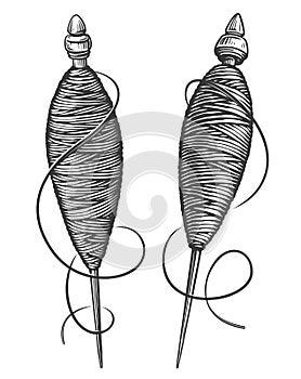 Hand tool spindle used for spinning cotton. Wool thread, yarn sketch. Vintage vector illustration