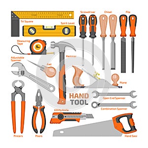 Hand tool vector construction handtools hammer pliers and screwdriver of toolbox illustration workshop set of carpenters