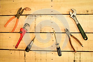 Hand tools, Assorted on wood bench