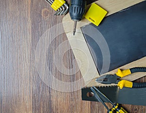 Hand tools and blackboard in topview